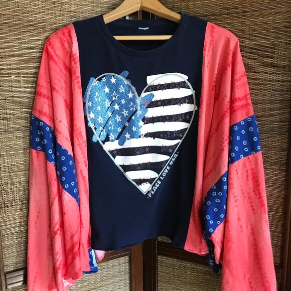 Upcycled Patriotic Poncho T-Shirt, Fits L-4X: Oversized Handmade Cropped Tunic - Picture 10 of 13